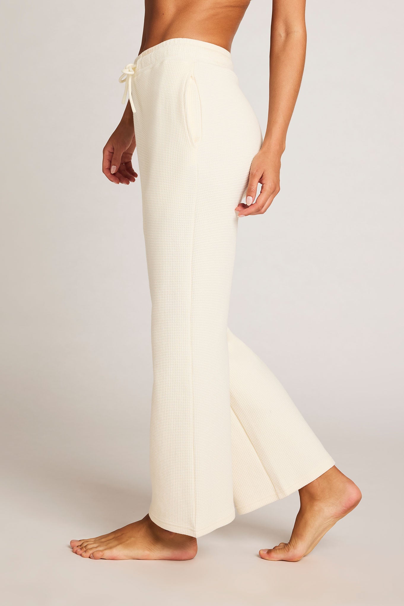 Waffle Knit Cropped Track Pant in Cream