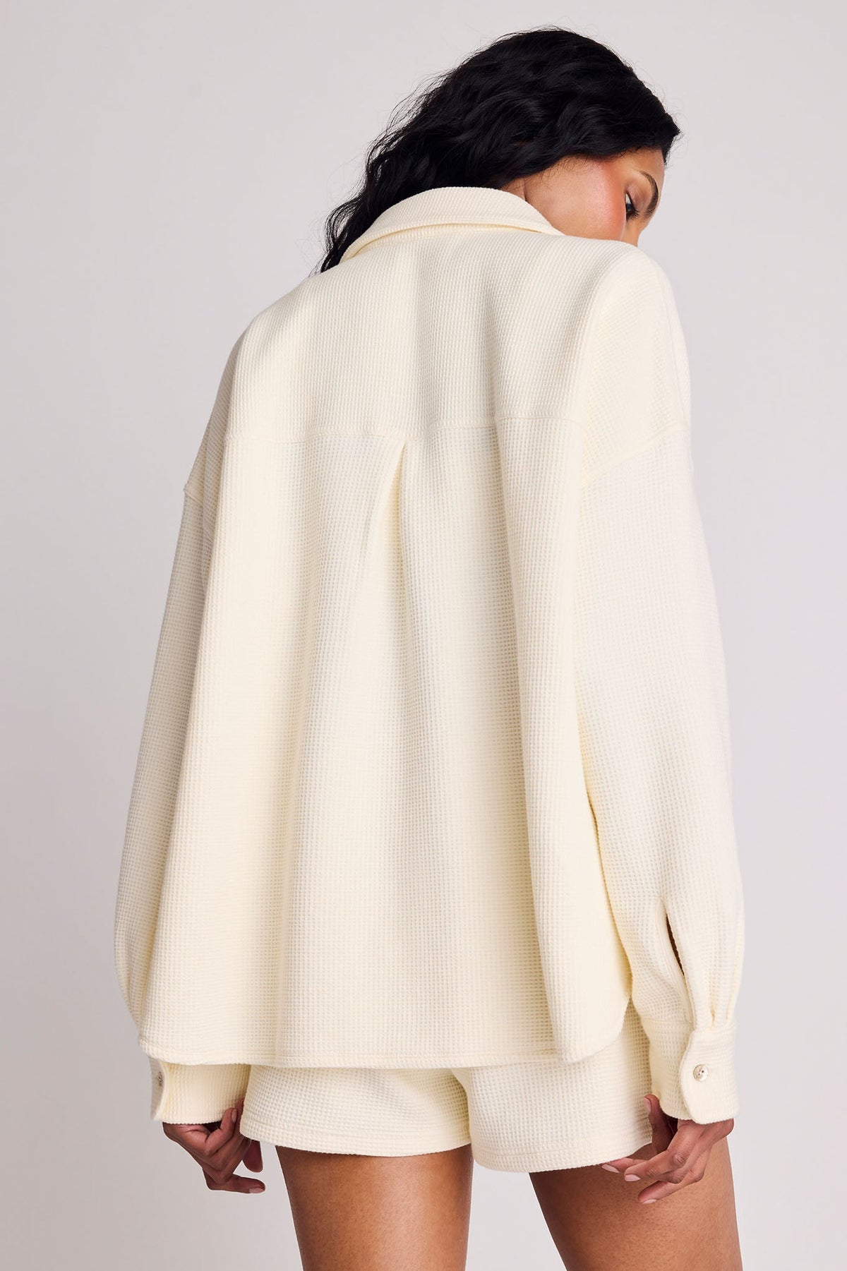 Waffle Knit Shirt Jacket in Cream